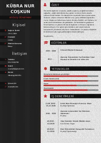 Biyoloji Öğretmeni CV Örnekleri cv indir